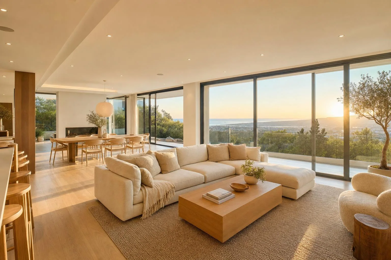 A warm, open-plan living and dining space staged for a real estate listing.