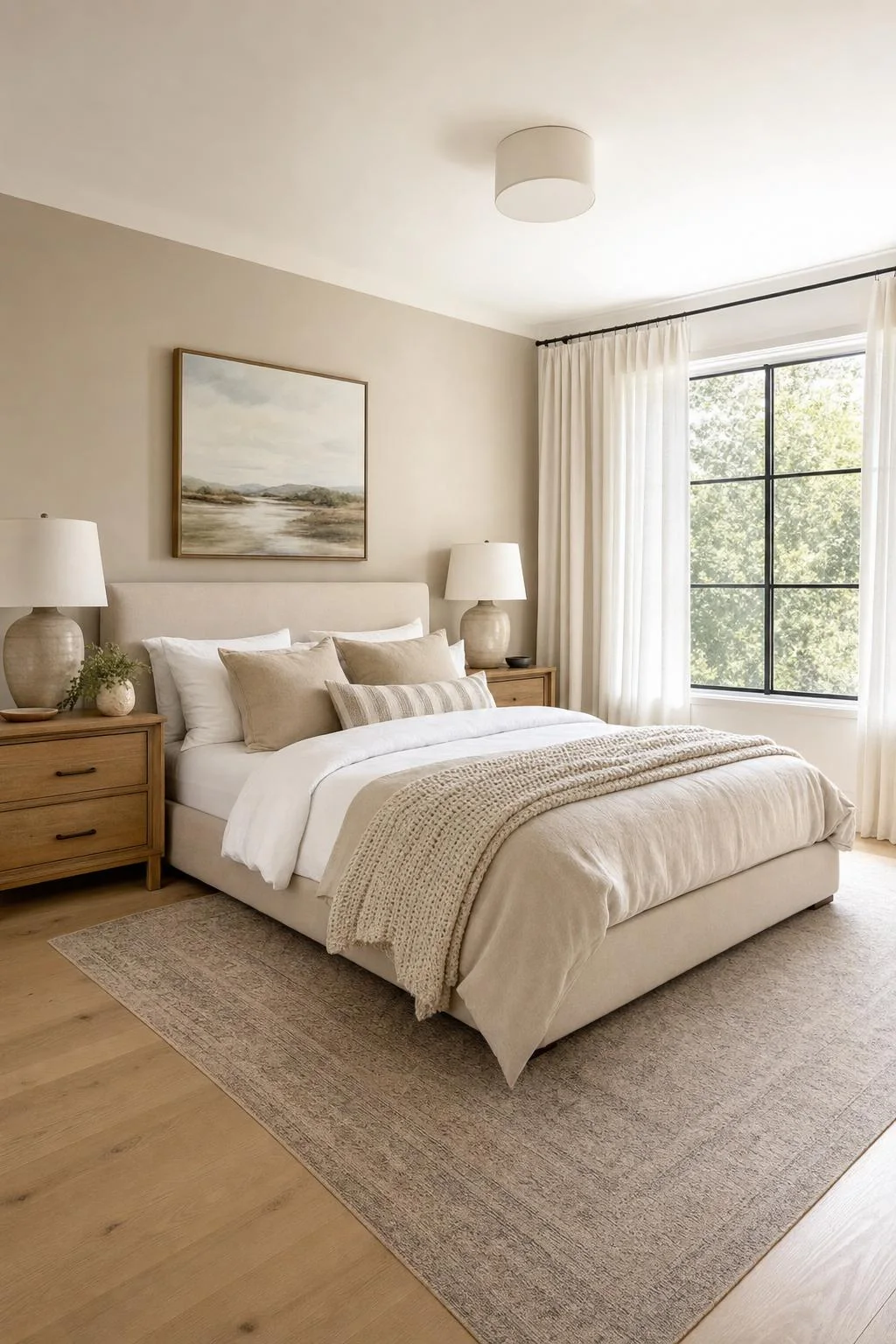An empty primary bedroom virtually staged with a linen-dressed bed and soft daylight.