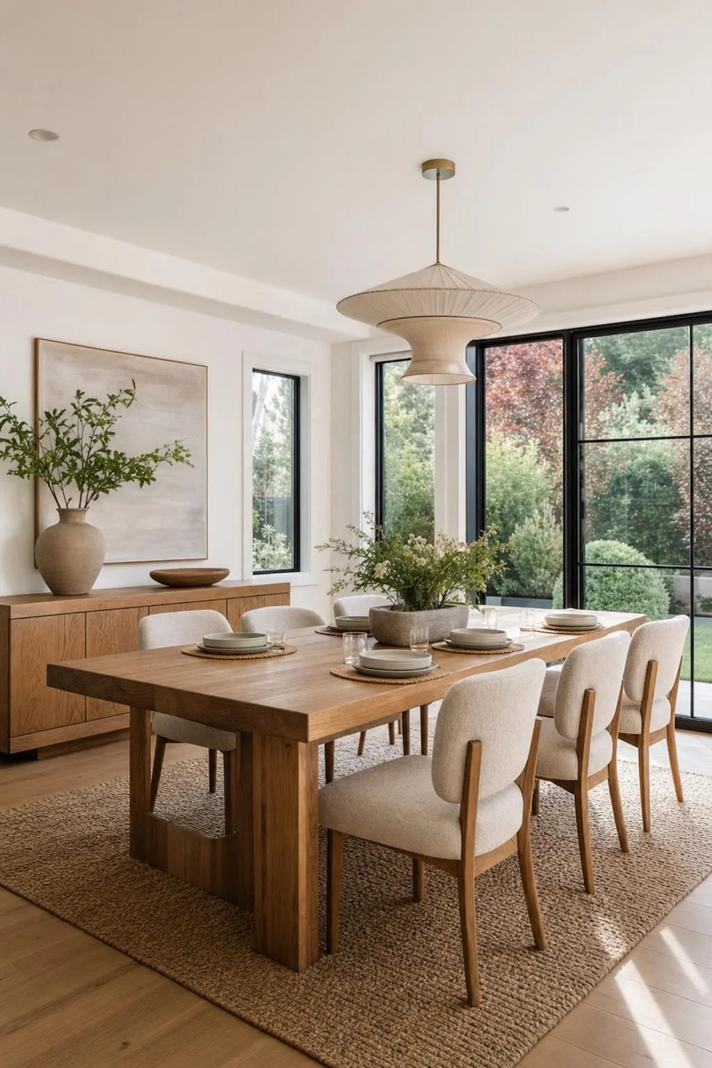 A dining area staged with an oak table and pendant light, ready for a listing.