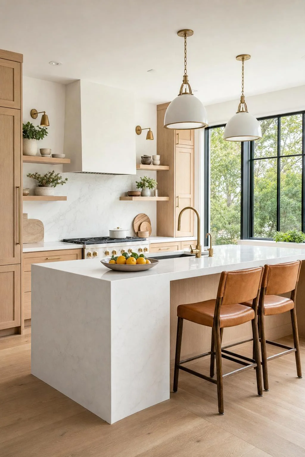 A modern kitchen styled with simple ceramics and a quartz island for a listing photo.