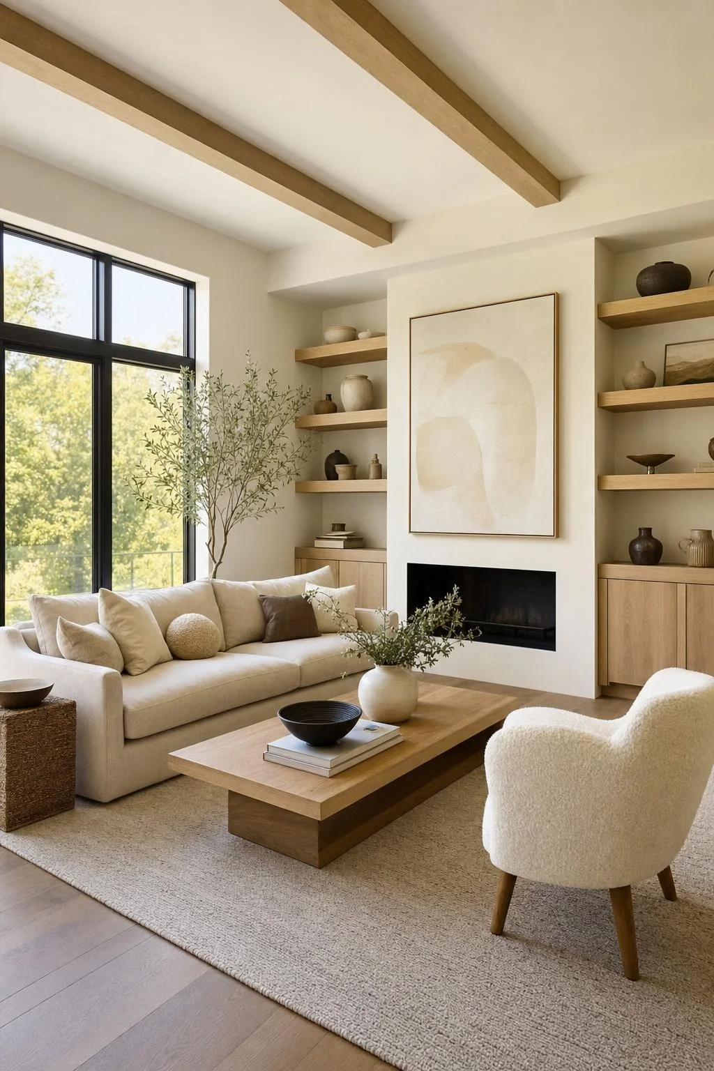 A vacant living room virtually staged with a warm modern sofa, rug, and art.