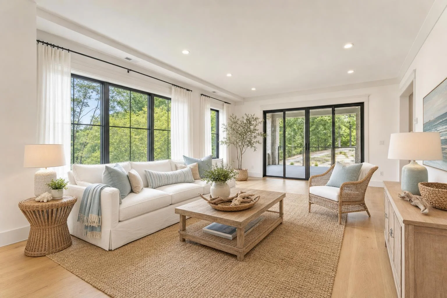 A living room virtually staged in a Coastal style
