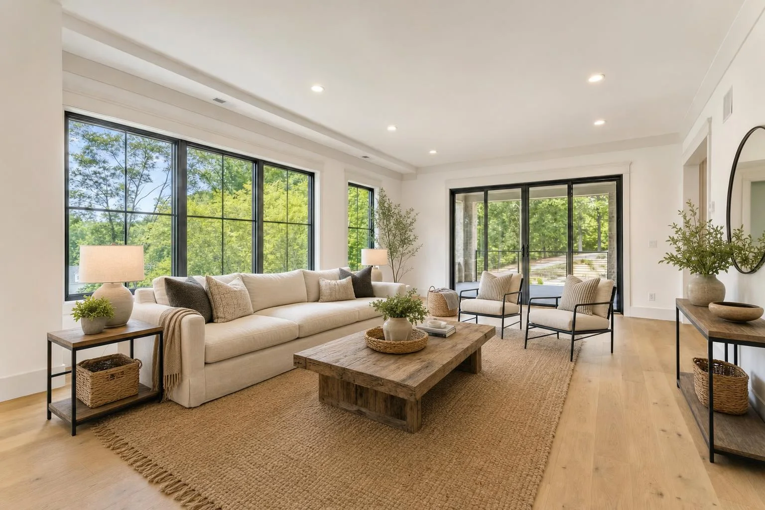 A living room virtually staged in a Farmhouse style