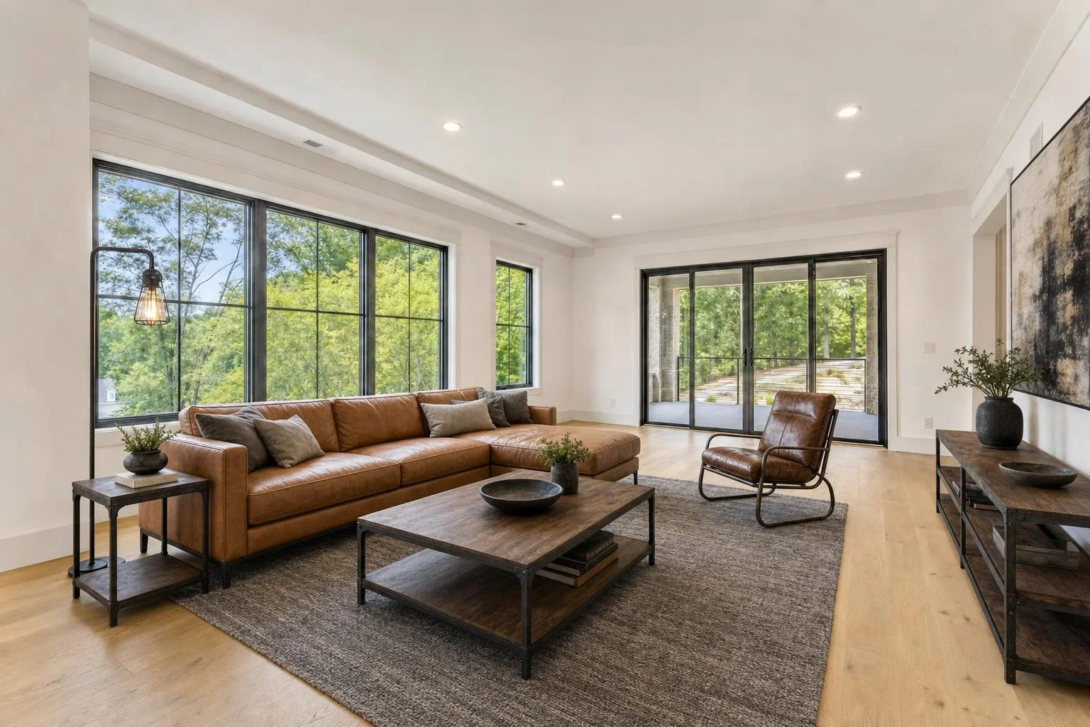A living room virtually staged in a Industrial style
