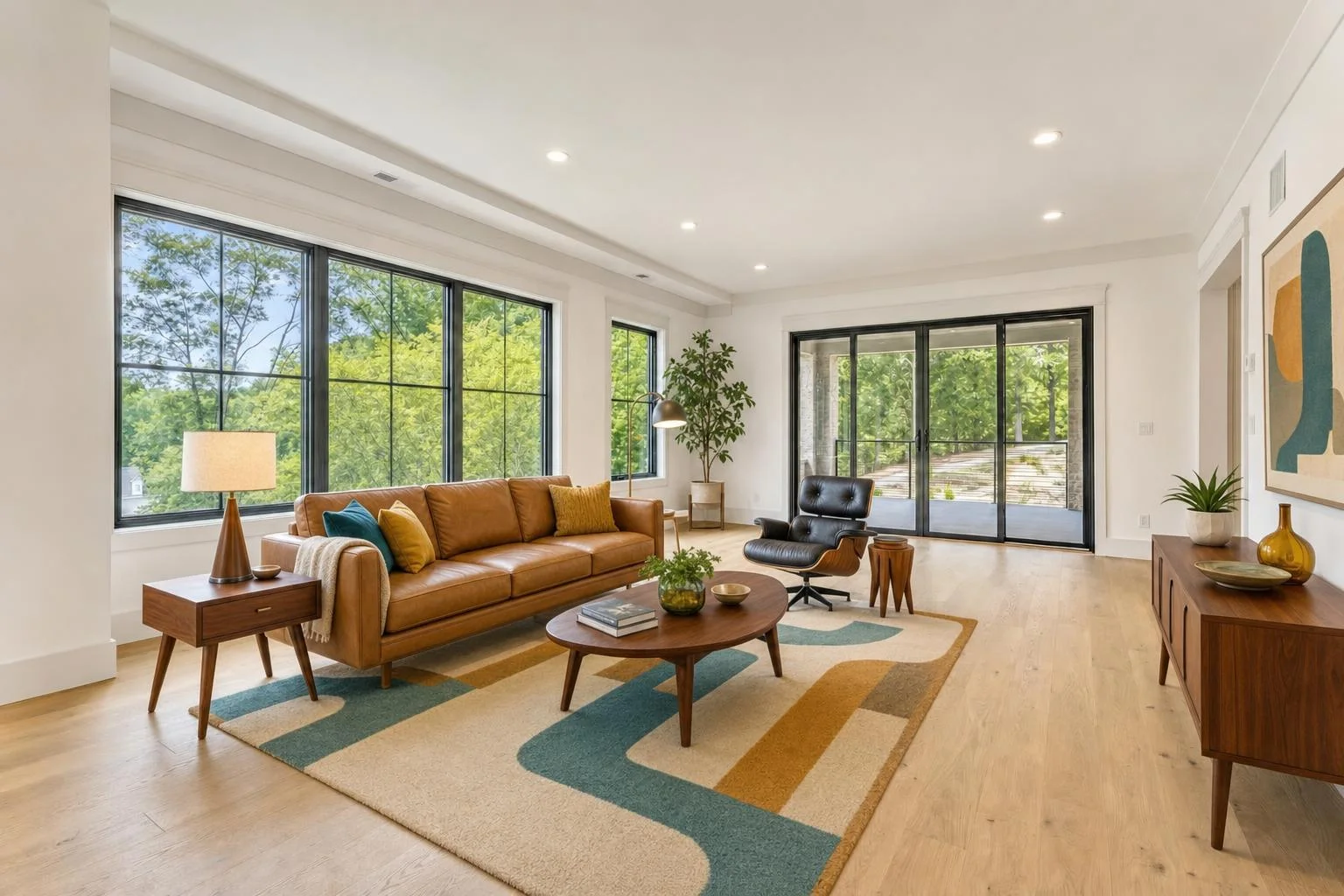 A living room virtually staged in a Mid-Century style