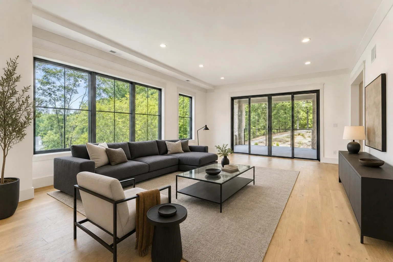 A living room virtually staged in a Modern style