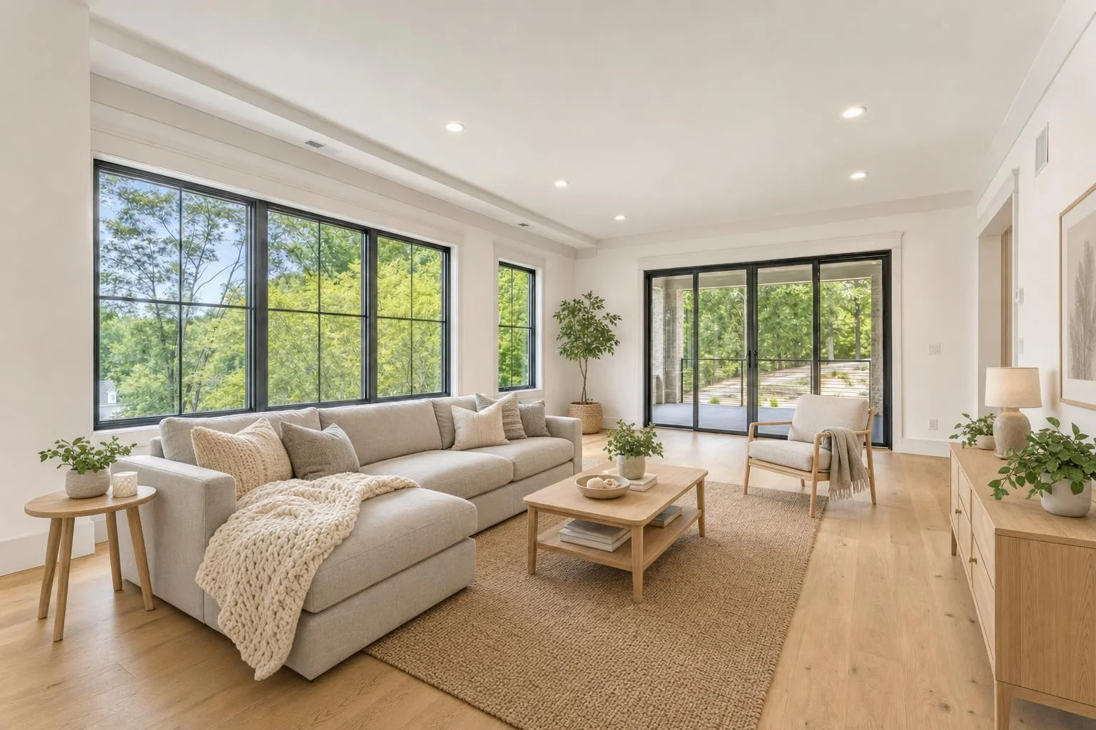 A living room virtually staged in a Scandinavian style